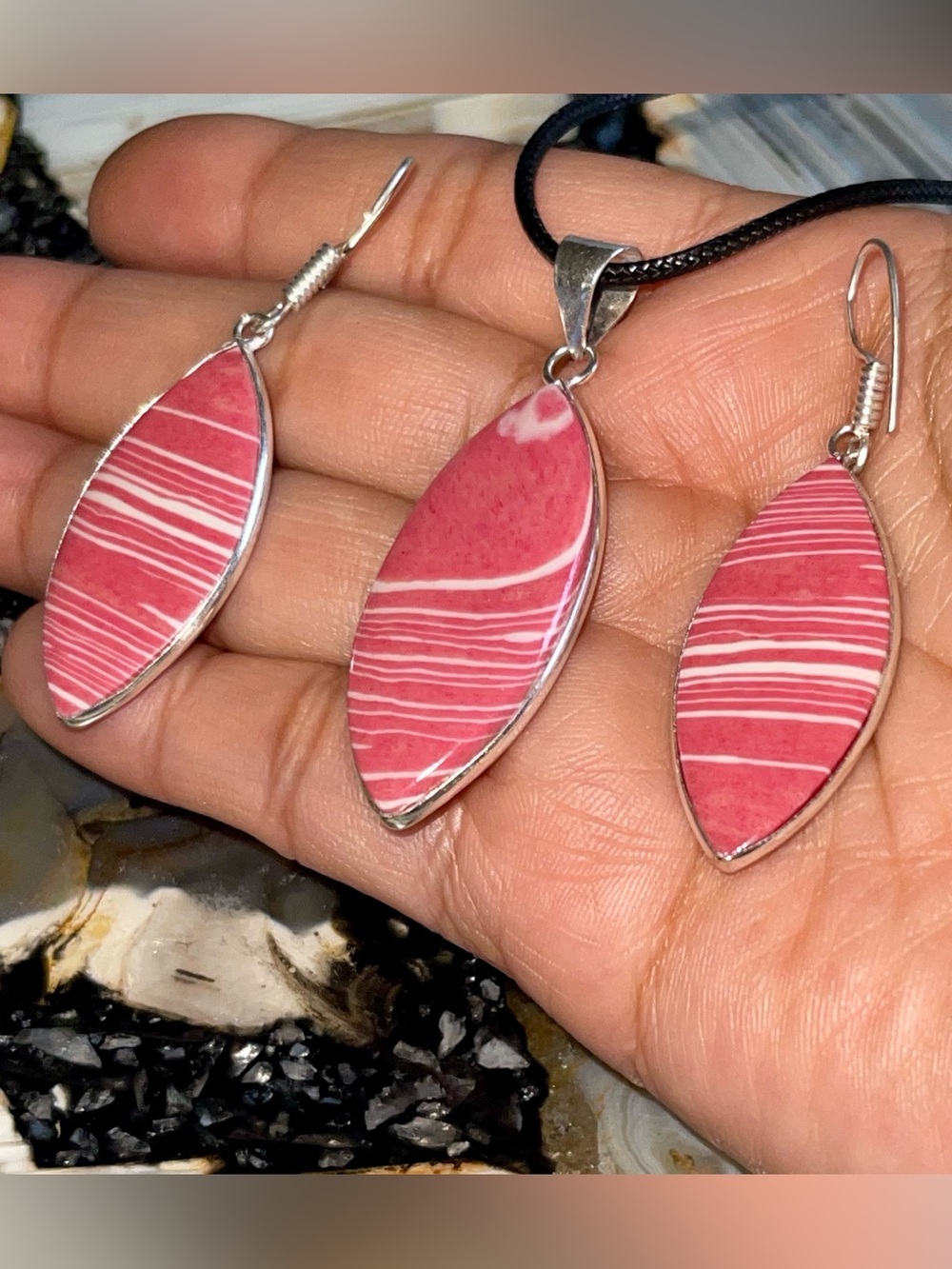 Lightweight Pink & White Rainbow Calsilica Pendant & Earrings